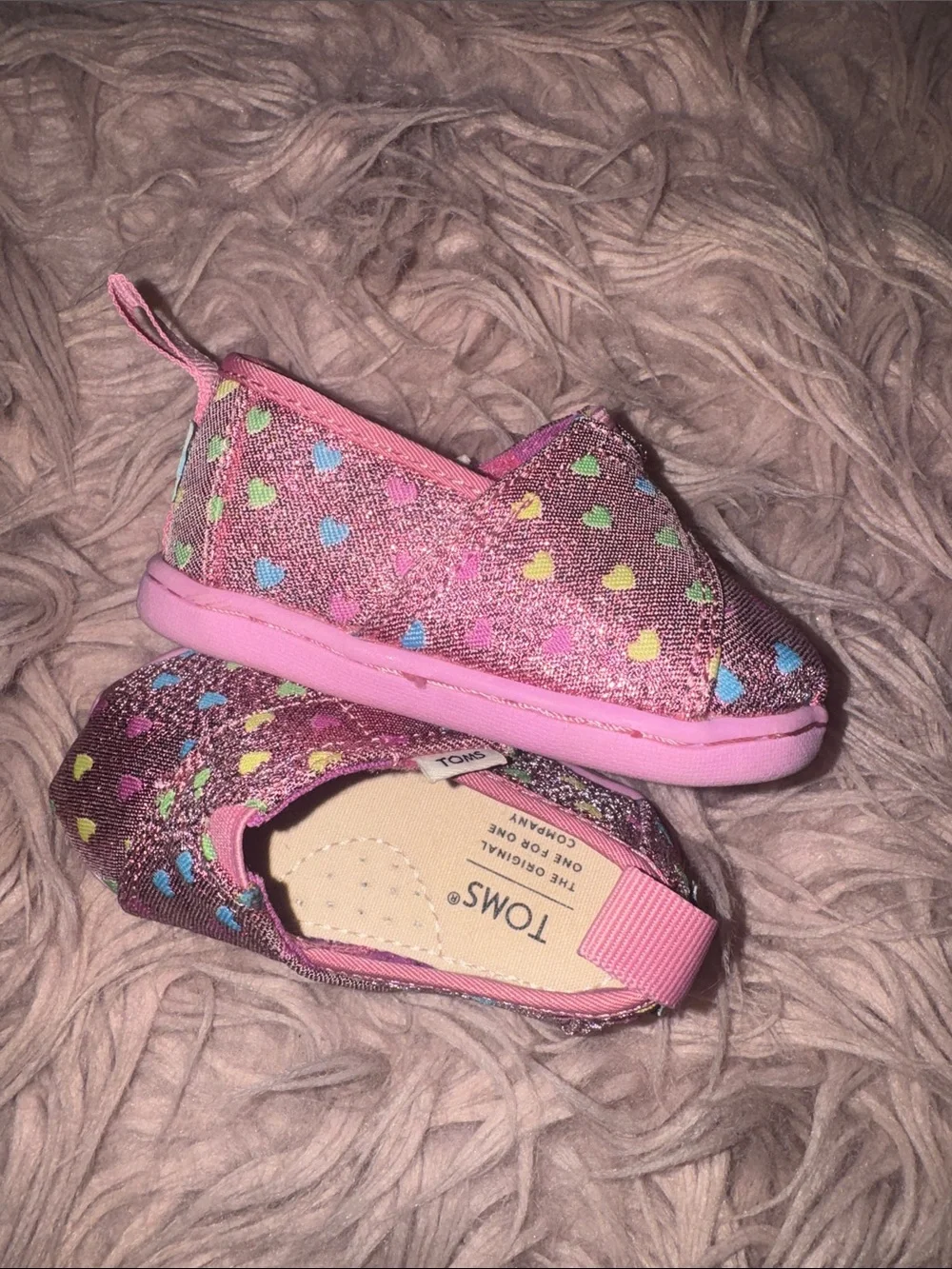 Toms Pink Glitter Slip-On Baby Shoes with Multi-Colored Hearts